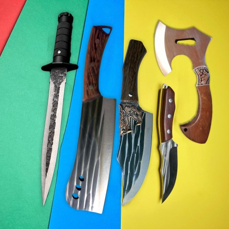 Cadou pentru barbati: Set Camping 5 piese - Maceta Dragon, Toporisca, Cutit Lup, Camping si Injunghiat cu teaca