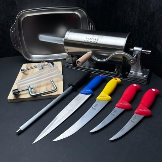 Set Masina umplut carnati 8 piese, Aparat Carnatar Orizontal 4Kg cu accesorii, Tava gatit, 4 cutite macelarie, tocator bambus si pila ascutit