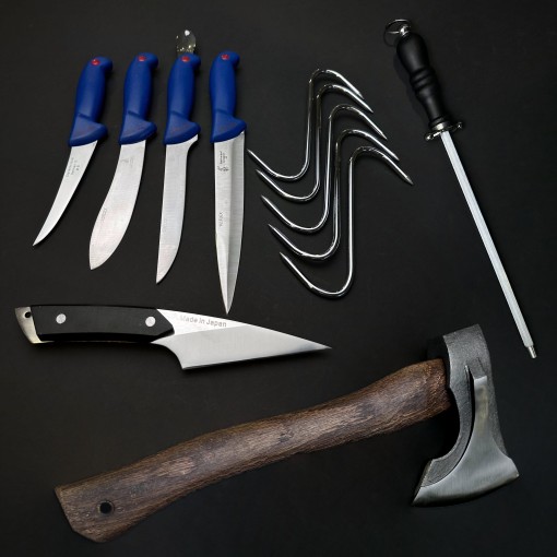 Set macelarie Miel, 12 piese, Toporisca 34cm, cutit japonez, 2 cutite transat, cutit injunghiat, cutit jupuit si 5 carlige inox