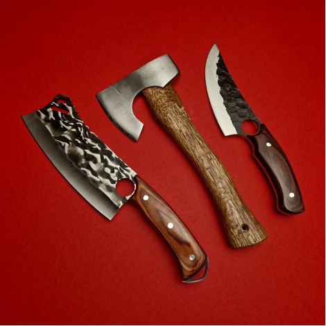 Set macelarie 3 piese, Toporisca, Maceta si Satar, lama fier forjat, coada lemn