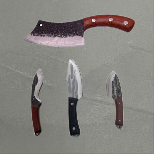 Set macelarie 4 piese, Satar si 3 cutite, fier forjat, maner lemn