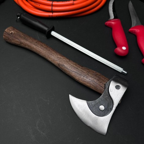 Set macelarie 7 piese, Arzator Nurgaz, Toporisca, 3 Cutite, pila ascutit si furtun gaz 5m cu accesorii, cutite rosii