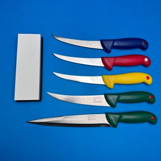 Set macelarie 6 piese, 5 Cutite lama otel inox si Piatra ascutit, multicolor
