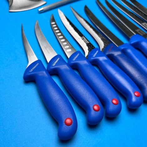 Set macelarie 13 piese, Toporisca, 4 cutite fier forjat, 7 cutite inox + pila ascutit, albastru MPAB
