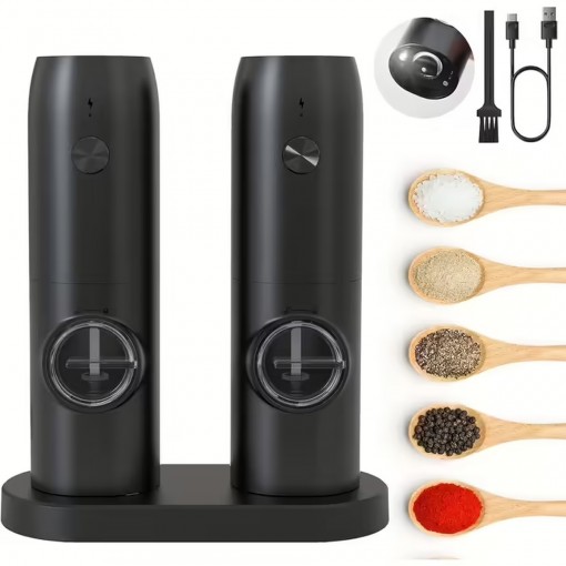 Set rasnite pentru condimente pe acumulator, 2 bucati + stand incarcare, cu ajustare a granulatiei si LED