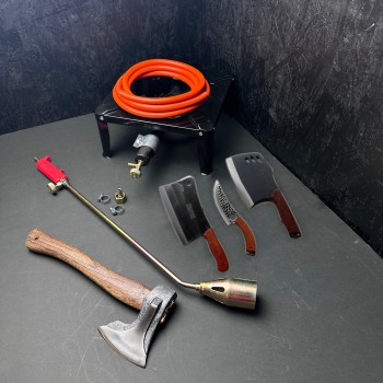 Set macelarie 10 piese, Arzator 70cm, Pirostrie 30 X 30 cm, Toporisca, 3 Satare fier forjat si furtun gaz 5m cu accesorii