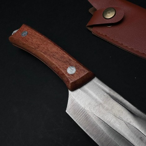 Cutit camping și drumetie 22cm, lama otel inox, maner lemn maro, teaca lama, CB013 cadou barbati FR19