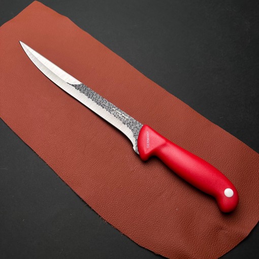 Cutit macelarie injunghiat Gama Artizanal, lama dreapta 24cm fier forjat, maner aderent rosu (r1) FeroCut