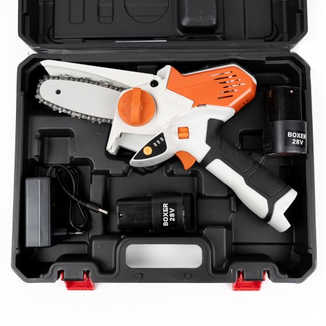 Mini Drujba Boxer BX-3303, 2 acumulatori 28V 5Ah, lama si lant 6inch, alb