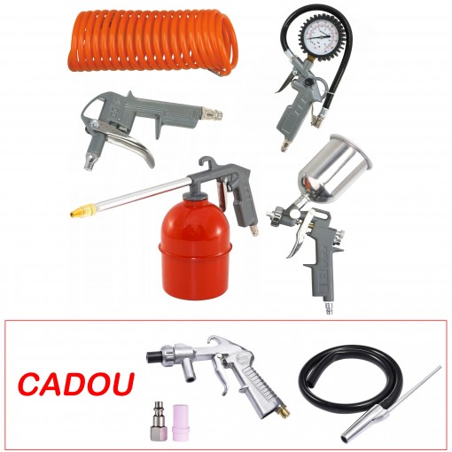 Set service auto, 2 produse: kit aer comprimat sablat/vopsit/umflat 7 piese + Cadou: Pistol sablat cu duza ceramica