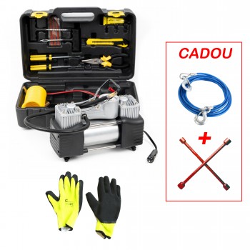 Trusa avarii auto cu compresor 12V + cadou: cheie roti cruce si sufa tractare metalica 7T 4m Trusa avarii auto cu compresor 12V + cadou: cheie roti cruce si sufa tractare metalica 7T 4m