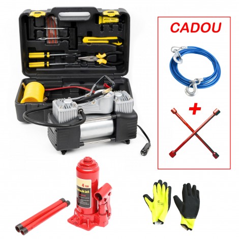 Set trusa pene si avarii auto cu compresor 12V si cric hidraulic 4tone + cadou: cheie roti cruce si sufa tractare metalica 7T 4m Set trusa pene si avarii auto cu compresor 12V si cric hidraulic 4tone + cadou: cheie roti cruce si sufa tractare metalica 7T 4m