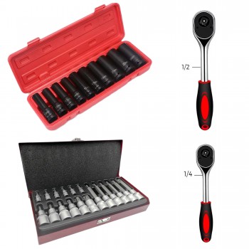 Set 4 produse, trusa 10 tubulare impact 10-24mm 1/2, 18 tubulare cu biti torx si 2 clicheti reversibili 1/2 si 1/4 TRSCH Set 4 produse, trusa 10 tubulare impact 10-24mm 1/2, 18 tubulare cu biti torx si 2 clicheti reversibili 1/2 si 1/4 TRSCH