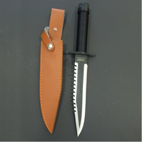 Cutit camping Rambo First Blood 36cm, lama otel inox cu margine zimtata si varf dublu, teaca piele maro, RAMBO-36