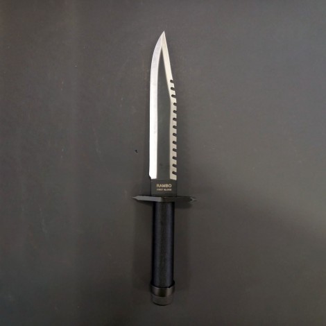 Cutit camping Rambo First Blood 36cm, lama otel inox cu margine zimtata si varf dublu, teaca piele maro, RAMBO-36