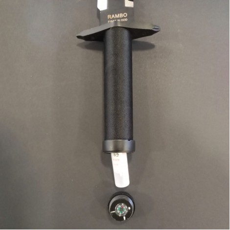 Cutit camping Rambo First Blood 36cm, lama otel inox cu margine zimtata si varf dublu, teaca piele maro, RAMBO-36