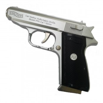 Brichetă decorativă pistol Walther PPK – formă realistă, reincarcabila, negru-argintiu, BRI-PPKB