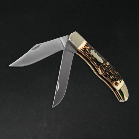 Cutit briceag camping și drumetie 23cm, 2 lame otel inox, maner corn cerb, BRC-CD23C