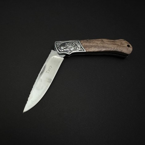 Cutit camping tip Briceag Tiger 20cm, lama otel inox, maner metal+abs, cu husa, maro