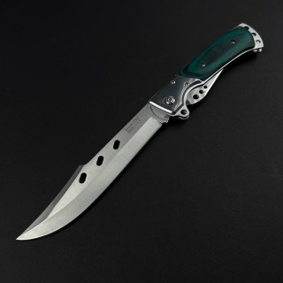 Cutit camping tip Briceag 27cm, lama otel inox, maner metal+lemn verde, cu husa FR18