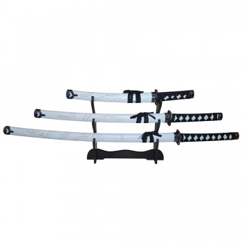 Set 3 sabii tip katana Ninja Warrior, panoplie, replici decorative, suport inclus, alb FR17