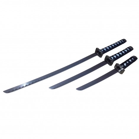 Set 3 sabii tip katana Ninja Warrior, panoplie, replici decorative, suport inclus, alb FR17