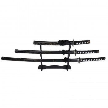 Set 3 sabii tip katana Ninja Warrior, panoplie, replici decorative, suport inclus, negru FR17