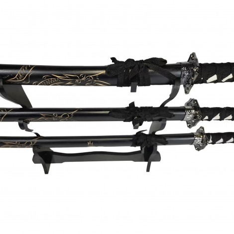 Set 3 sabii tip katana Ninja Warrior, panoplie, replici decorative, suport inclus, negru FR17