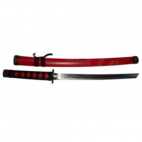 Set 3 sabii tip katana Ninja Warrior, panoplie, replici decorative, suport inclus, rosu FR17