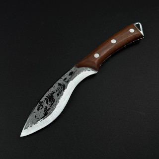 Cutit camping Skinner Black Tiger 28cm, lama curba otel inox, maner lemn, teaca piele FR20