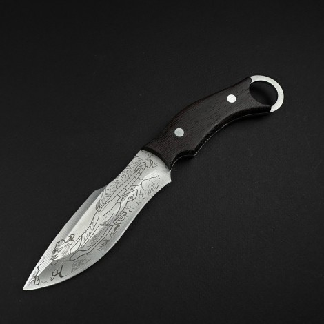 Cutit camping Skinner Tigru 25cm, lama curba otel inox, maner lemn cu inel, teaca piele FR20