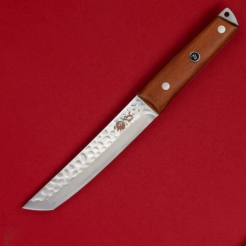 Cutit camping japonez 30cm, lama otel inox hammered, teaca piele, maner lemn maro FR19