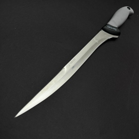 Cutit macelarie injunghiat 38cm, lama cu varf tais dublu otel inox 1/2FLEX, maner silicon gri CMIS38GVD-OI