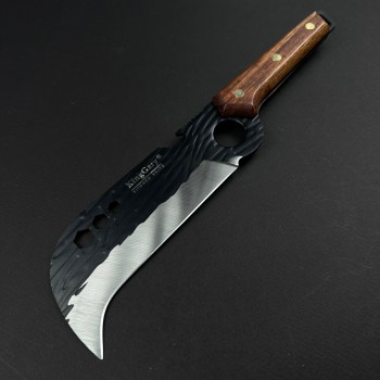 Cutit macelarie tip satar KingGary 29cm, lama corb fier forjat, maner lemn maro, husa piele
