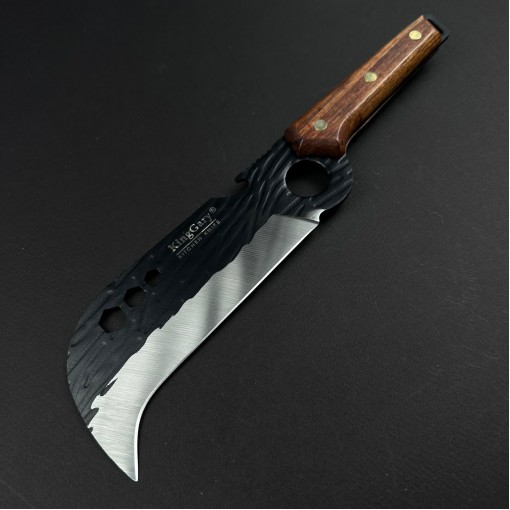 Cutit macelarie tip satar KingGary 29cm, lama corb fier forjat, maner lemn maro, husa piele