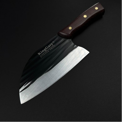 Cutit macelarie tip satar KingGary L592C 28cm, lama 17x8cm fier forjat, maner lemn maro