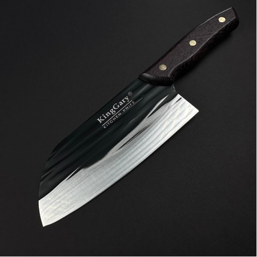 Cutit macelarie tip satar KingGary L602A 28cm, lama 18x7cm fier forjat, maner lemn maro