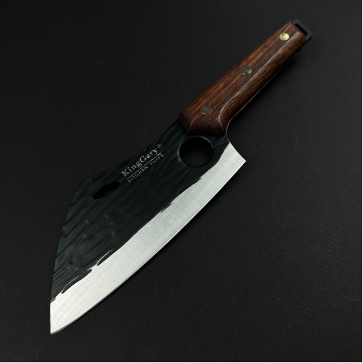 Cutit macelarie tip satar KingGary 26cm, lama curba alungita fier forjat, maner lemn maro, husa piele