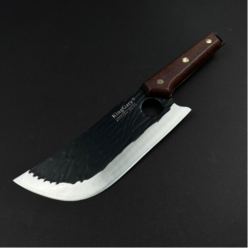 Cutit macelarie tip satar KingGary 28cm, lama fier forjat, maner lemn maro, husa piele