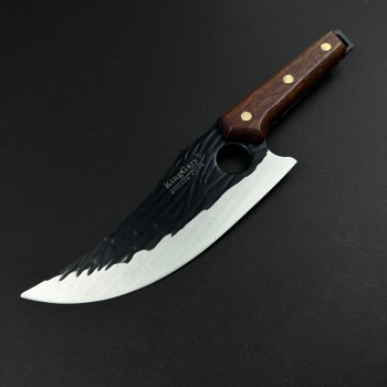 Cutit macelarie tip satar KingGary 28cm, lama alungita fier forjat, maner lemn maro, husa piele