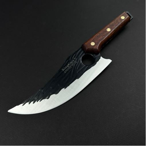 Cutit macelarie tip satar KingGary 28cm, lama alungita fier forjat, maner lemn maro, husa piele