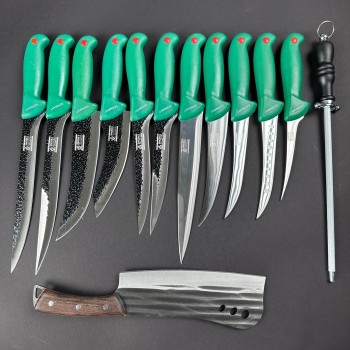 Set macelarie 13 piese, Satar si 6 cutite fier forjat, 5 cutite inox + pila ascutit, verde MPVE