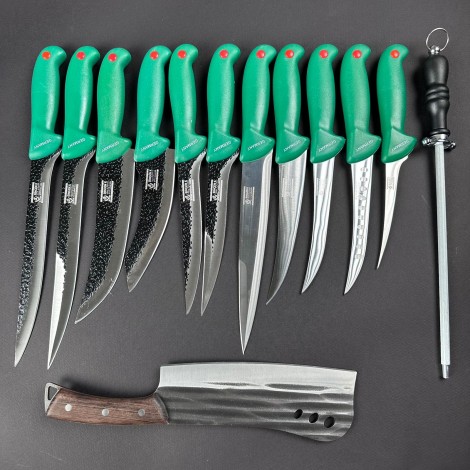 Set macelarie 13 piese, Satar si 6 cutite fier forjat, 5 cutite inox + pila ascutit, verde MPVE