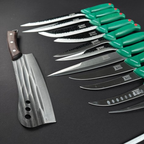 Set macelarie 13 piese, Satar si 6 cutite fier forjat, 5 cutite inox + pila ascutit, verde MPVE