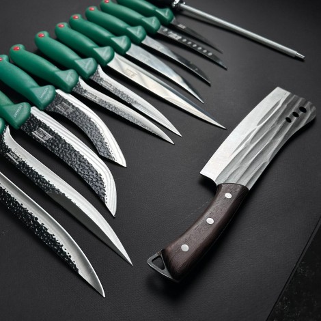 Set macelarie 13 piese, Satar si 6 cutite fier forjat, 5 cutite inox + pila ascutit, verde MPVE