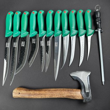 Set macelarie 13 piese, Toporisca 34cm si 6 cutite fier forjat, 5 cutite inox + pila ascutit, verde MPVE