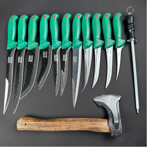 Set macelarie 13 piese, Toporisca 34cm si 6 cutite fier forjat, 5 cutite inox + pila ascutit, verde MPVE