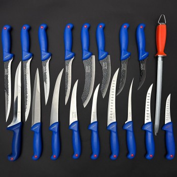 Set macelarie 18 piese dezosat, filetat, injunghiat, santoku, 8 Cutite fier forjat, 9 Cutite otel inox + pila ascutit, albastru MPAB