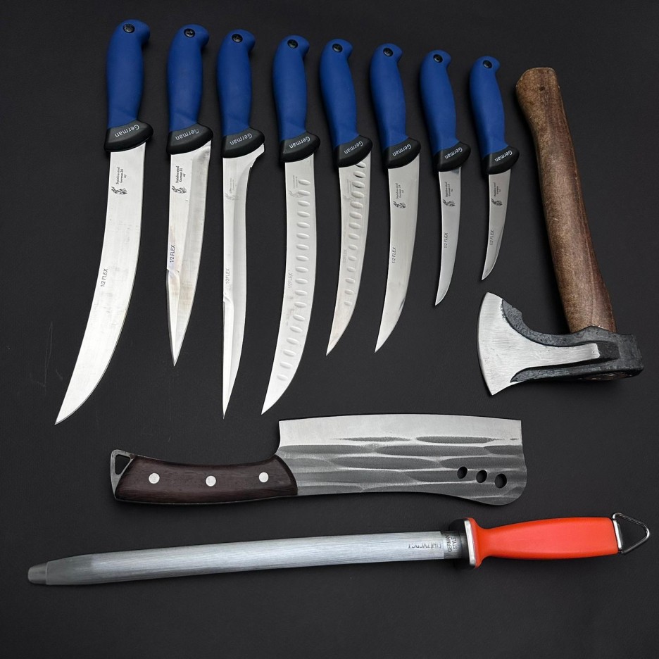 Set macelarie maner silicon SLNA 11 piese, Toporisca 34cm, Satar 33cm si 8 cutite otel inox + pila ascutit, albastru