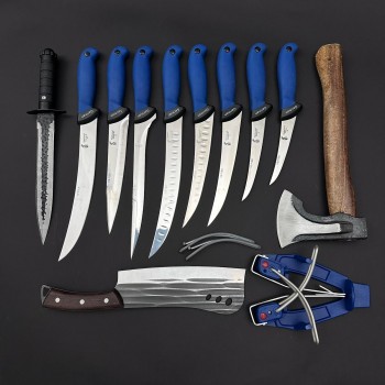 Set macelarie maner silicon SLNA 12 piese, Toporisca 34cm, Satar 33cm, Cutit fier forjat si 8 cutite otel inox + Dispozitiv ascutit, albastru